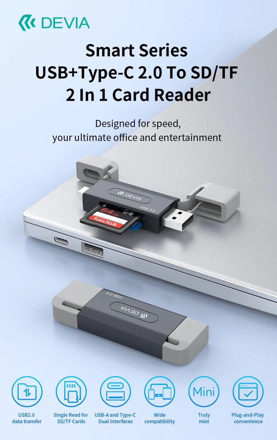 DEVIA Leopard USB+Type-C 3.0 To SD/TF 2 In 1 High-Speed Card Reader
