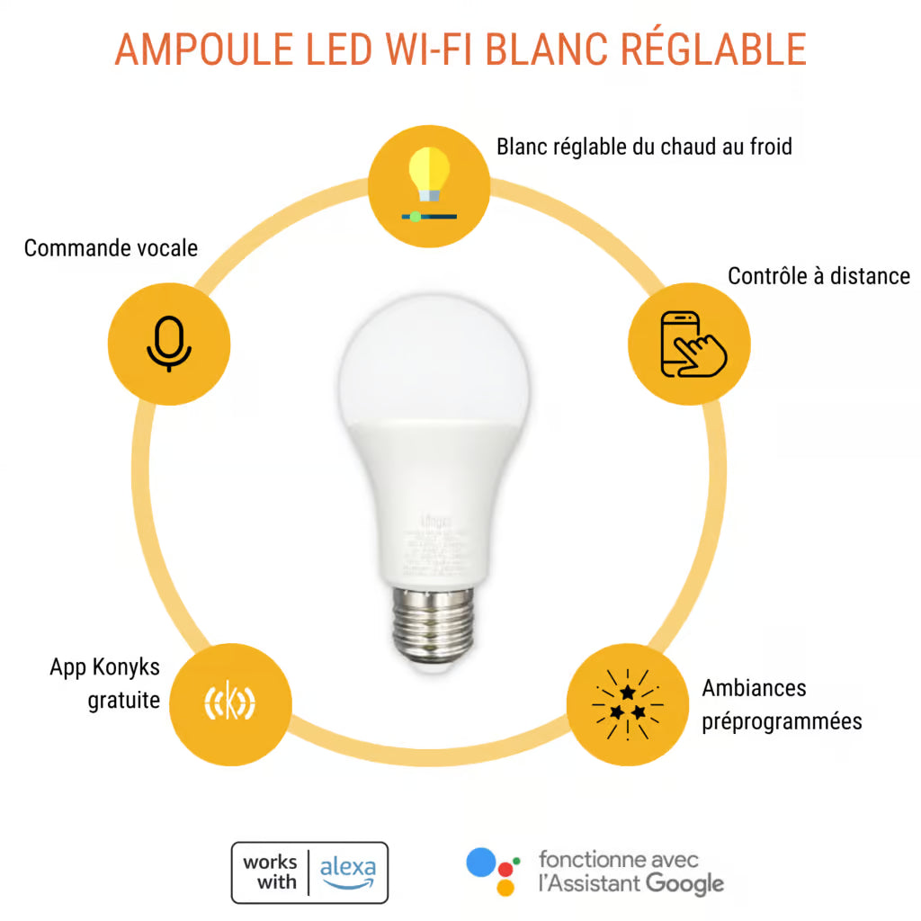 KONYKS ANTALYA WHITE E27-Ampoule E27 Wi-Fi + Bth, 9W, Blanc réglable