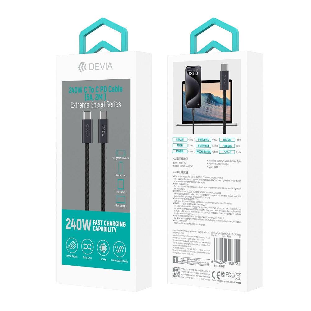 DEVIA Câble USB-C/C PD 240W 5A 2M Extreme Speed