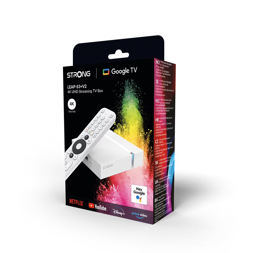 STRONG LEAP-S3+ v2 Google TV Box 4K UHD | LAN/WiFi/USB – Blanc