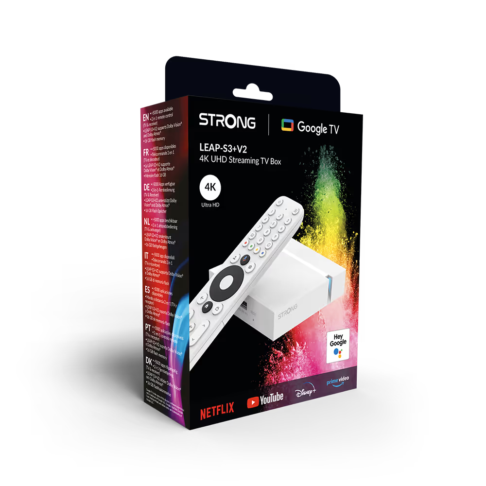 STRONG LEAP-S3+ v2 Google TV Box 4K UHD | LAN/WiFi/USB – Blanc