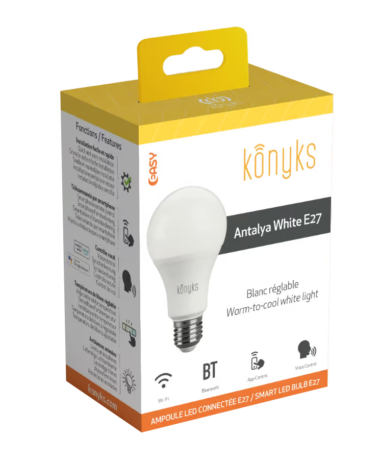 KONYKS ANTALYA WHITE E27-Ampoule E27 Wi-Fi + Bth, 9W, Blanc réglable