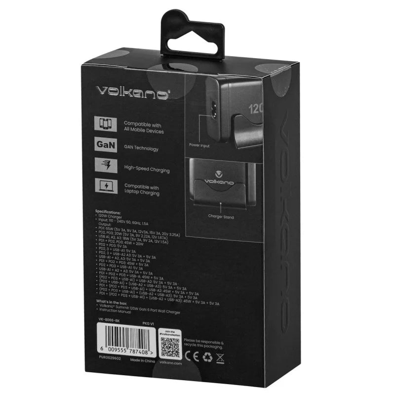 VOLKANO VK-8066-BK CHARGEUR 6 PORTS USB 120W GaN