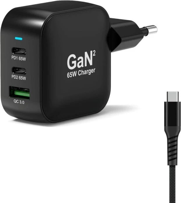 Chargeur GaN 65W USB-C/USB-A, câble USB-C 2 m inclus