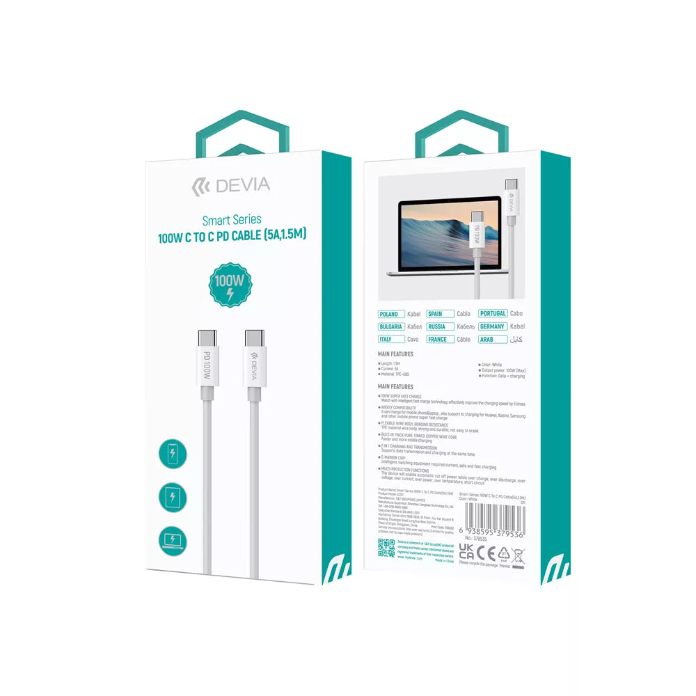 DEVIA Câble USB-C/C PD 100W 5A 1.5M Smart * Blanc