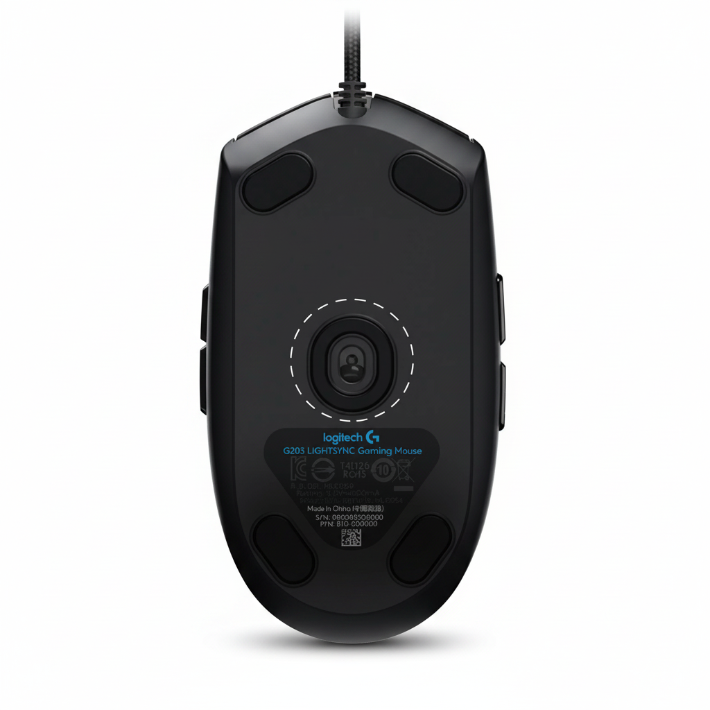 Logitech G203 LIGHTSYNC - vue dessous capteur optique